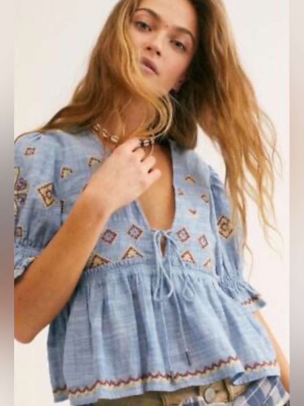 Free People Tallulah Casual Embroidered Light Blue Chambray Cropped Peasant Top